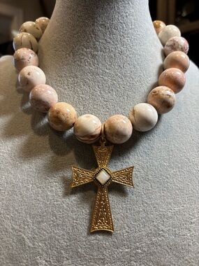 Handmade Gold tone Cross Pendant Necklace with Cream/beige gemstone Beads!